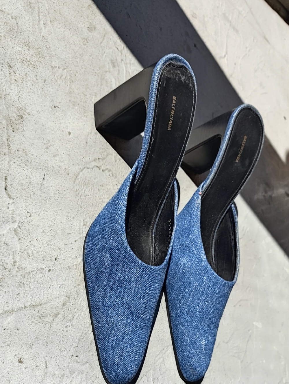 Balenciaga Denim Pointed Mule Heels in Blue